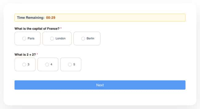 Demo Formidable Forms quiz with 2 questions, a page break, and the countdown for "Time Remaining" at the top of the page.