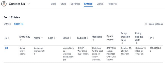 Formidable spam entries list showing flagged reason