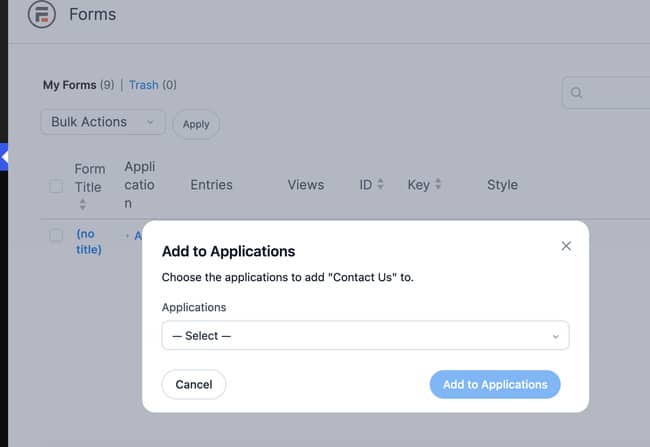 New modal for assigning a form to an application directly from the forms list